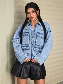 SHEIN EZwear 女式落肩长袖实用口袋休闲牛仔夹克，秋季 - 淺色水洗藍 - 查看 5