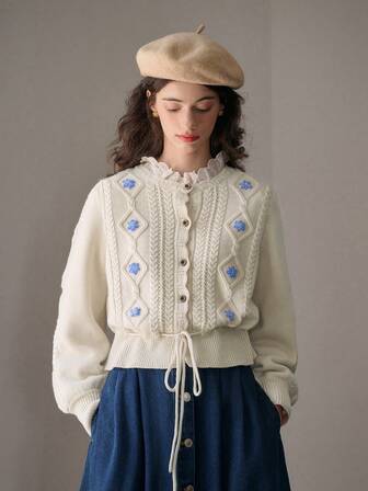 Simple Retro Women Front Button Long Sleeve Solid Color Floral Embroidery Splicing Casual Top