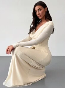 Aloruh Plunging Draped Neck Long Sleeve Skin-Tight Mesh Apricot Color Dress, Suitable For Romantic Dates,Summer Dresses For Women,Tea Party Dress - Apricot - View 4