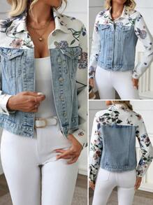 SHEIN LUNE Casual Floral Print Patchwork Denim Jacket, AutumnThermal Thickened Denim