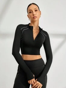 Activina 休闲条纹拉链修身短款运动 T 恤 - 黑色 - 查看 4