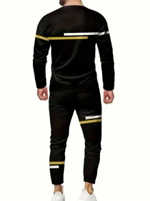 Men's Stripe Round Neck Long Sleeve T-Shirt And Drawstring Waist Casual Pants Set, Spring & Summer - Black - View 2