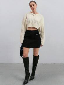 EURMUSE Women Elegant Solid Color Raw Trim Skirt - Black - View 1