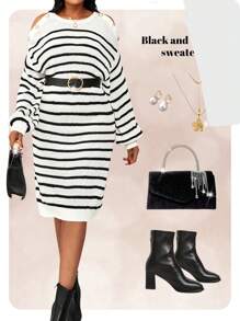 SHEIN Lady 春夏秋冬休闲优雅黑白精纺圆领直筒纽扣中长袖大码毛衣连衣裙职业装 - 黑與白 - 查看 1