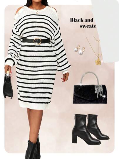 SHEIN Lady Vår Och Sommar Höst Och Vinter Casual Elegant Svart Vit Kamgarn Rund Hals Rak knapp Midi Långärmad Plus Size Tröja Klänningar Professionella kläder