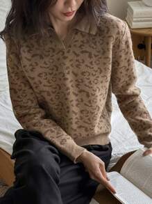 DAZY 1pc Women Leopard Print Crew Neck Sweater, Casual Pullover For Daily Wear Fall - Brown - View 9
