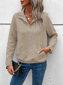 SHEIN LUNE 女式休闲纯色插肩袖长袖纽扣半襟运动衫，秋季 - 杏色 - 查看 5