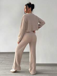 SHEIN PETITE Bộ áo len cardigan dài tay màu trơn đơn giản mùa thu đông cho nữ - Màu Khaki - Xem 4