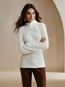 Anewsta 女式纯色高领长袖休闲上衣，秋季 - 白色 - 查看 7