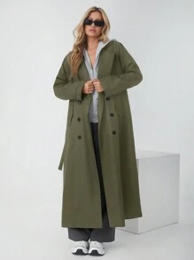 SHEIN EZwear Women's Casual Outdoor Daily Military Green Woven Long Double Breasted Belt Trench Coat - Army Green - View 1