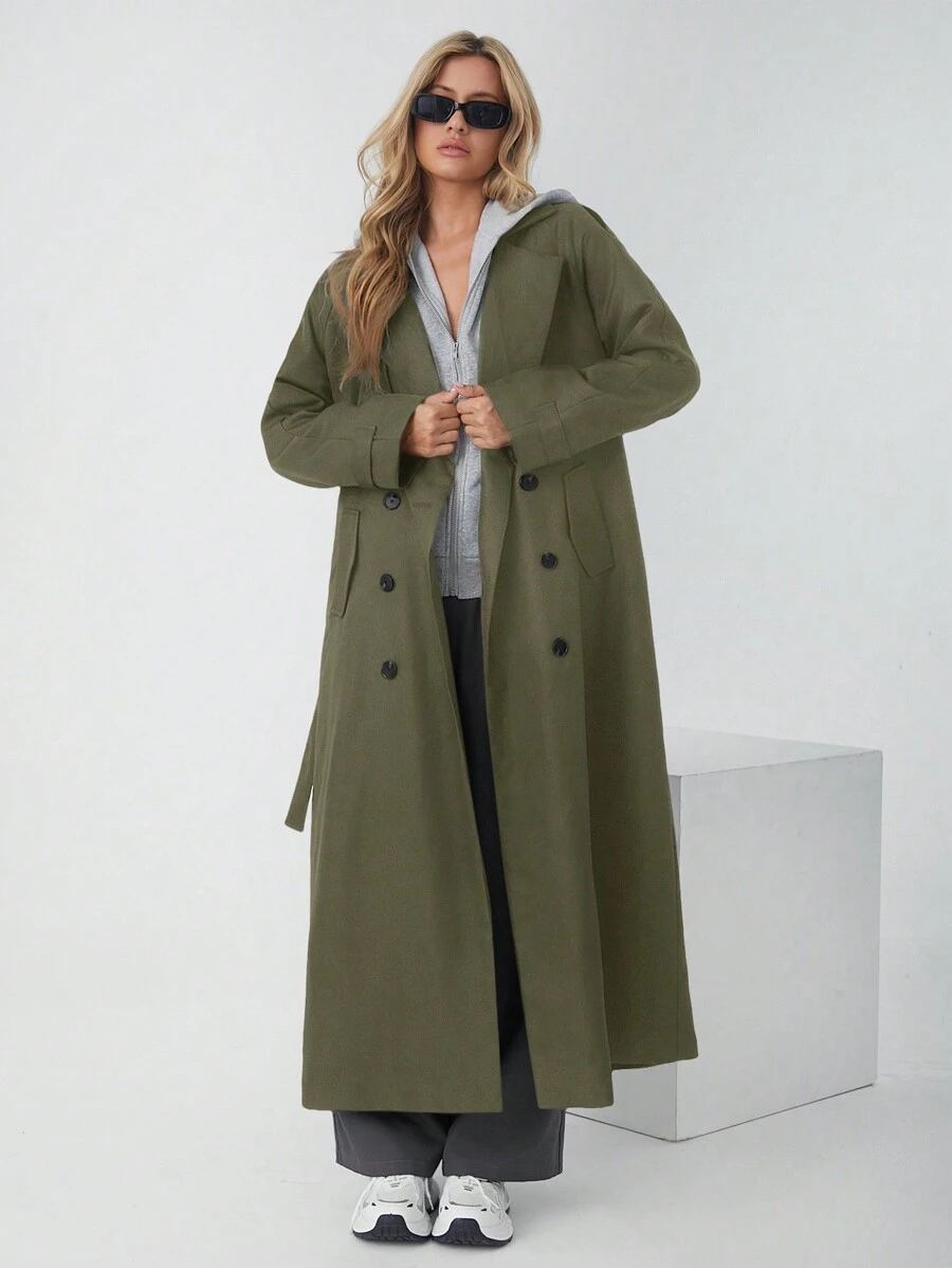 SHEIN EZwear Women's Casual Outdoor Daily Military Green Woven Long Double Breasted Belt Trench Coat - Army Green - View 1