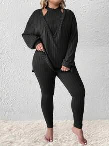 SHEIN LUNE 3pcs Plus Size Women Set: Casual Solid Ribbed V-Neck Loose Dropped Shoulder T-Shirt, Halter Top And High Waist Leggings - Black - View 1