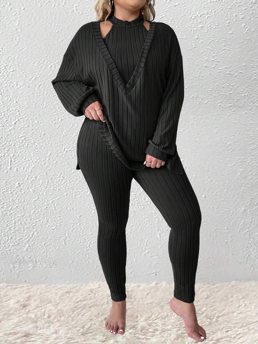 SHEIN LUNE 3pcs Plus Size Women Set: Casual Solid Ribbed V-Neck Loose Dropped Shoulder T-Shirt, Halter Top And High Waist Leggings - Black - View 1