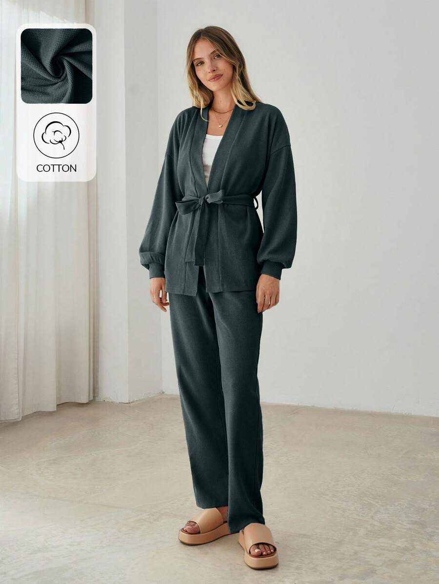 SHEIN Cottnline Cotton Drop Shoulder Belted Coat & Pants - Green - View 1