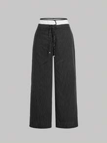 SHEIN MOD Plus Size Women Black Striped Suit Pants, High-Waisted Trousers - Black - View 1