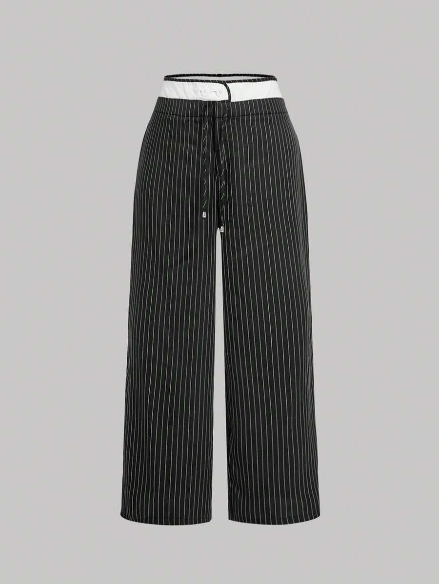 SHEIN MOD Plus Size Women Black Striped Suit Pants, High-Waisted Trousers - Black - View 1