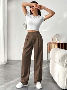 SHEIN PETITE Quần ống đứng màu trơn thường ngày cho nữ - màu nâu - Xem 3