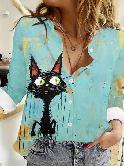 Women's 2025 New European And American Style Cat Animal Cartoon Oil Painting Print Long Sleeve Shirt