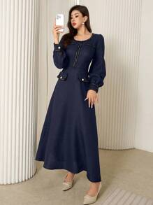 Modelyn Vestido largo con mangas de farol y ribete de cinta elegante para mujer, vestido largo para eventos de otoño e invierno
