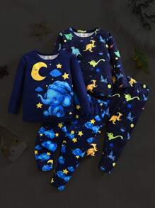 SHEIN Set de 4 piezas de pijama para niño bebé con camiseta de manga larga de cuello redondo y pantalones con estampado de elefante, dinosaurio, estrella y luna, suave y acogedor - Negro - Ver 1
