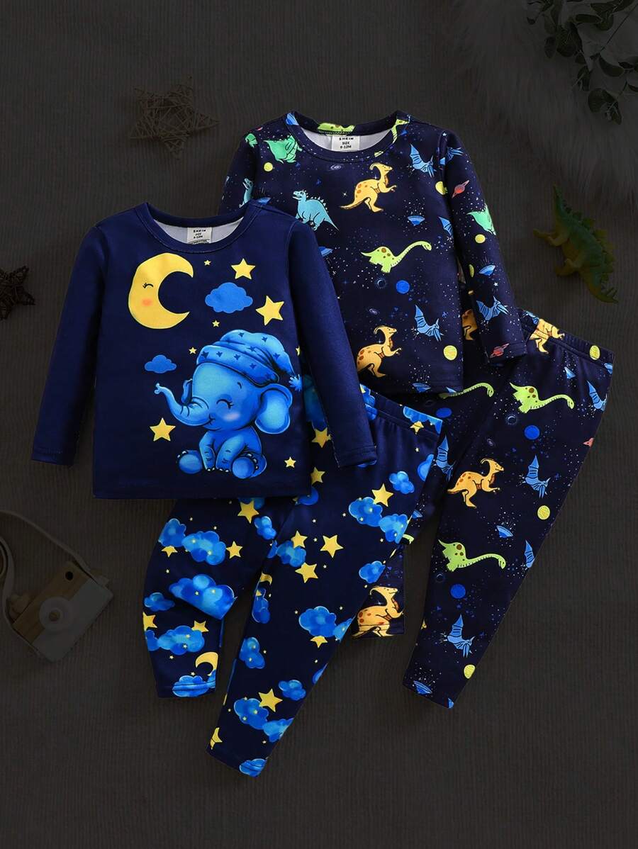 SHEIN Set de 4 piezas de pijama para niño bebé con camiseta de manga larga de cuello redondo y pantalones con estampado de elefante, dinosaurio, estrella y luna, suave y acogedor - Negro - Ver 1