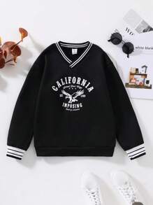 SHEIN Tween Girl 休闲运动风老鹰与字母印花撞色条纹边饰 V 领宽松运动衫，黑色，春/秋 - 黑色 - 查看 5