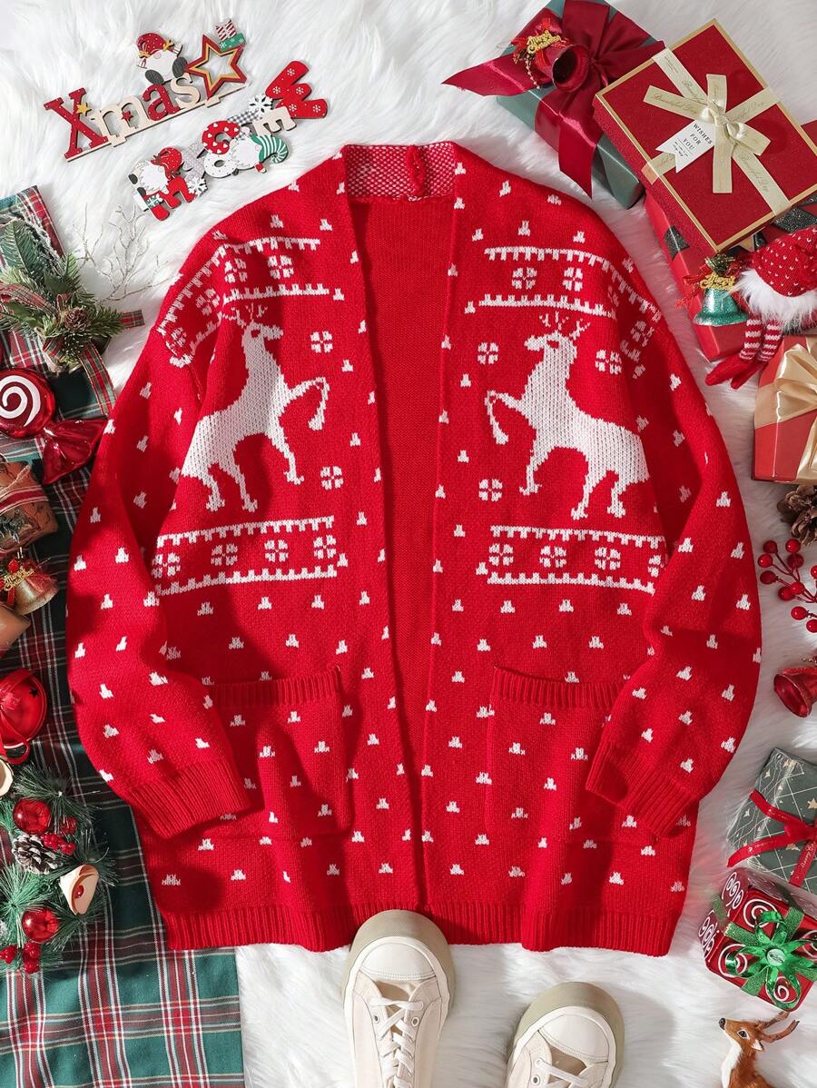SHEIN Essnce Women Christmas Red Elk Pattern Dual Pocket Oversized Cardigan, Fall/Winter Clothes - Red and White - View 1