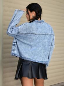 SHEIN EZwear 女式落肩长袖实用口袋休闲牛仔夹克，秋季 - 淺色水洗藍 - 查看 3