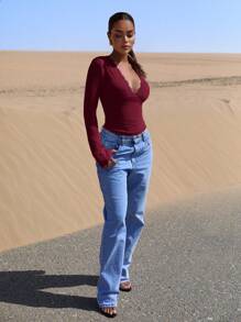 SHEIN BAE Women's Slim Fit V-Neck Lace Splice Solid Color Long Sleeve T-Shirt, White, For Outdoor Wear In Autumn