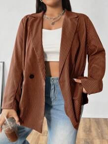 Flirla Plus Size Casual Pinstripe Double Breasted Loose Blazer - Multicolor - View 4
