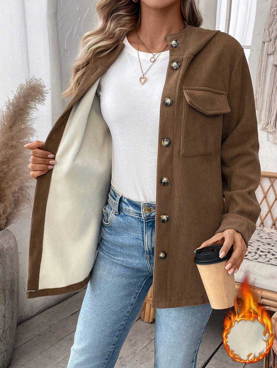 Calvaya 女式纯色休闲连帽羊毛夹克，秋冬 - 咖啡棕 - 查看 1