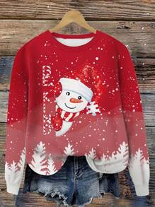 INAWLY Blusa feminina casual de manga comprida com estampa de boneco de neve, gola redonda, ideal para o dia a dia e para o outono. - Multicolorido - Ver 1