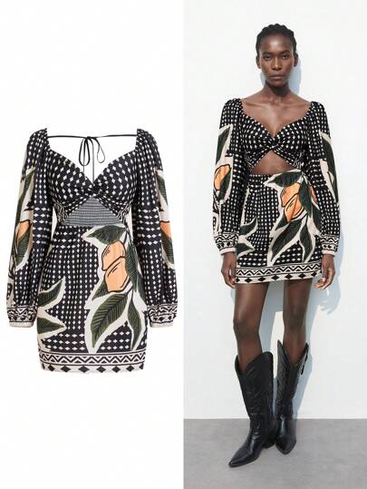 Maija Floral Print Long Sleeve Twist Cutout Casual Mini Dress, Vacation/Beach/St. Patrick's Day/Easter/Spring Festival/Music Festival Romantic, Fashion, Versatile; Suitable For Summer Vacation, Comfortable, Bohemian Style, Beach Wear, Swimsuit Cover-Up, Stylish, Elegant, Casual, , Simple Daily Wear, Country Style, Essential, Solid Color, Holiday Casual, Decent, Single Lady, Ideal For Vacation Elegant Fashion Business Casual Woman Going Out Tops Graduation Outfit European Summer Hawaii Outfits Women Summer Dresses For Women Streetwear Women Stockholm Style Teacher Outfits For Women