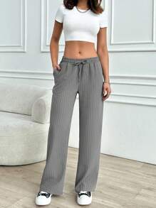 RueChic Women's Grey Striped Mid Rise Drawstring Pants - Grey - View 1