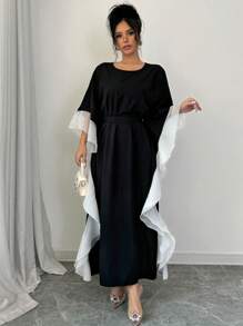 Rafferiza Women's Round Neck Long Sleeve Loose Spliced Organza Ruffled Hem Colorblock Cinched Waist Elegant Long Casual Dress Maxi Women Outfit