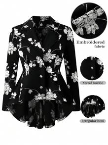 SHEIN Clasi Plus Size Black & White Floral Jacquard High Low Coat
