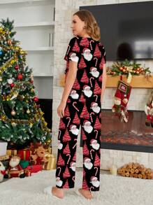 SHEIN Essnce 2pcs/Set Casual Minimalist Santa Claus Allover Print Short Sleeve T-Shirt & Long Pants, Christmas Outfit For Women, Summer