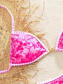 Women Full Floral Random Print Triangle Cup Bikini Swimwear Set Summer - Hot Pink - View 4