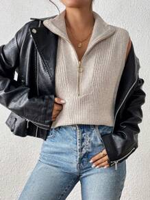 Chiquease 1pc Solid Color Half Zip Collar Ribbed Knit Sleeveless Sweater Vest - Apricot - View 1