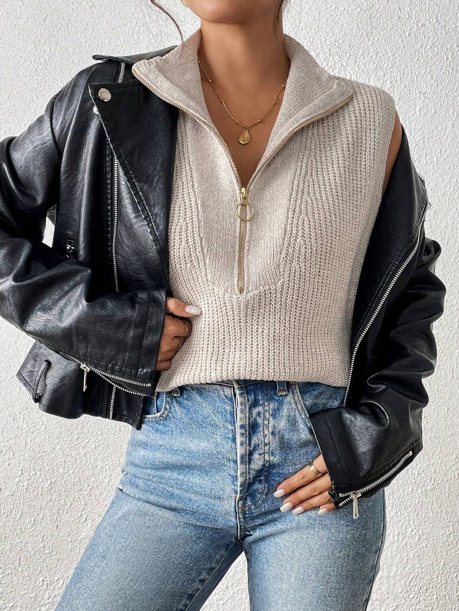 Chiquease 1pc Solid Color Half Zip Collar Ribbed Knit Sleeveless Sweater Vest - Apricot - View 1