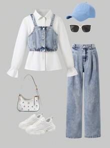 Sparklyn 3pcs/Set Teenage Girls Casual Long Sleeve Shirt With Attached Tank Top & Loose Washed Blue Denim Pants, Spring & Autumn