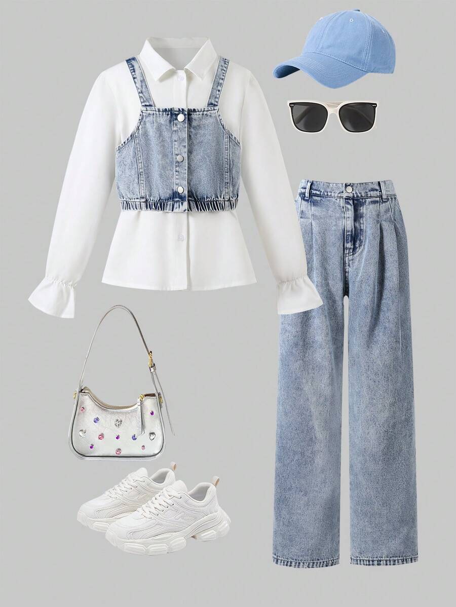 Sparklyn 3pcs/Set Teenage Girls Casual Long Sleeve Shirt With Attached Tank Top & Loose Washed Blue Denim Pants, Spring & Autumn