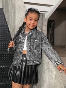 女孩百搭休闲秋冬时尚黑灰色洗水牛仔夹克适合日常穿着 - 深灰色 - 查看 7