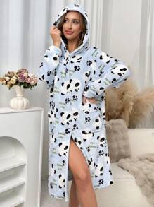 Panda Print Fleece Women Hooded Robe With Front Button, Long Sleeve - Blue - View 3