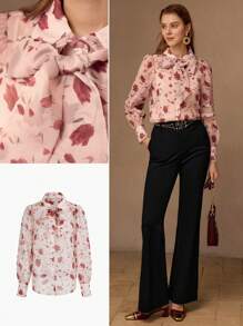 MOTF FLORAL PRINT TIE FRONT BLOUSE, WOMEN SHIRT - Pink - View 2