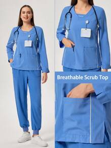 TaskEZ Plain V-Neck Long Sleeve Pocket Uniform Scrub Top - Baby Blue - View 1