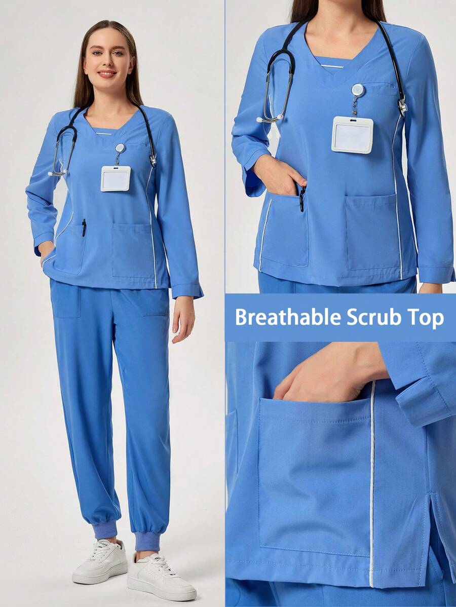 TaskEZ Plain V-Neck Long Sleeve Pocket Uniform Scrub Top - Baby Blue - View 1