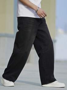 Manfinity Homme Pantalones vaqueros de pierna ancha de unicolor casuales con bolsillos, pantalones vaqueros anchos lisos de gran tamaño lavados negros tipo cargo, para regalos de esposo o novio