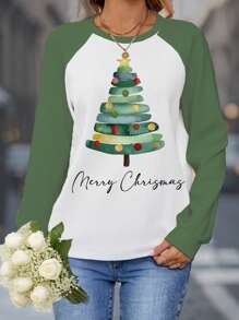 SHEIN LUNE Plus Size Women's Casual Christmas Tree Raglan Sleeve Round Neck Loose T-Shirt, Suitable For Autumn/Winter