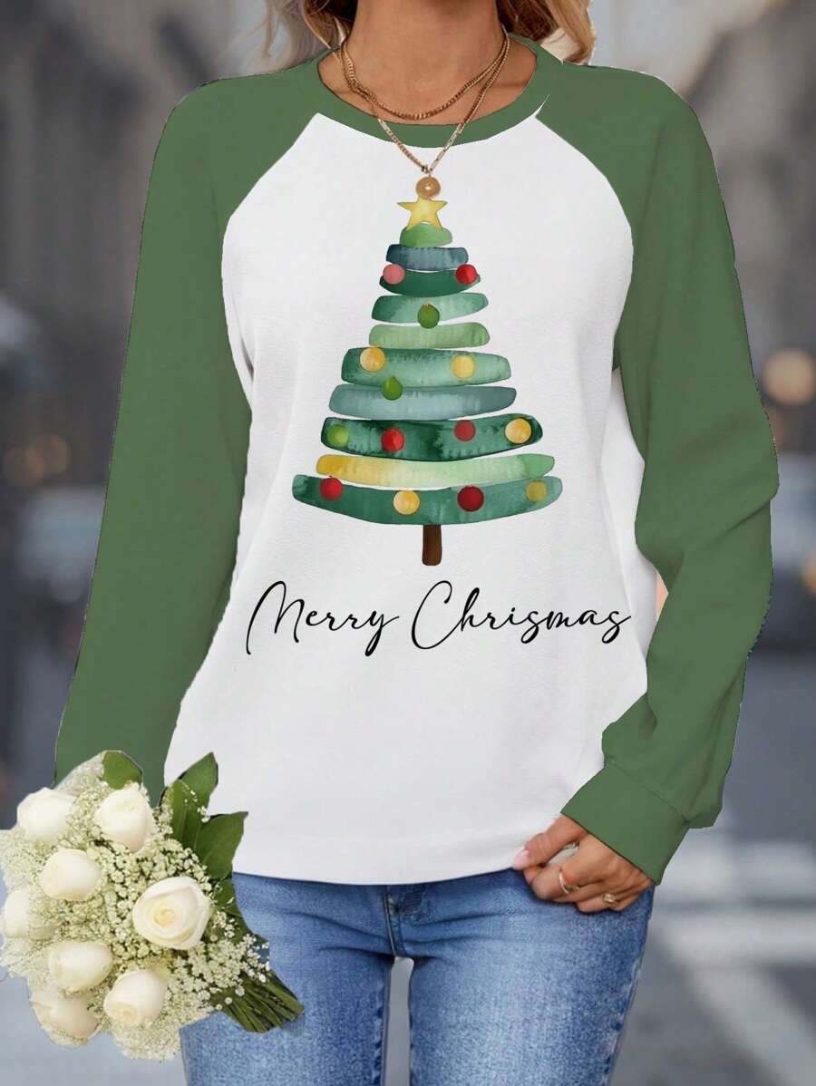 SHEIN LUNE Plus Size Women's Casual Christmas Tree Raglan Sleeve Round Neck Loose T-Shirt, Suitable For Autumn/Winter